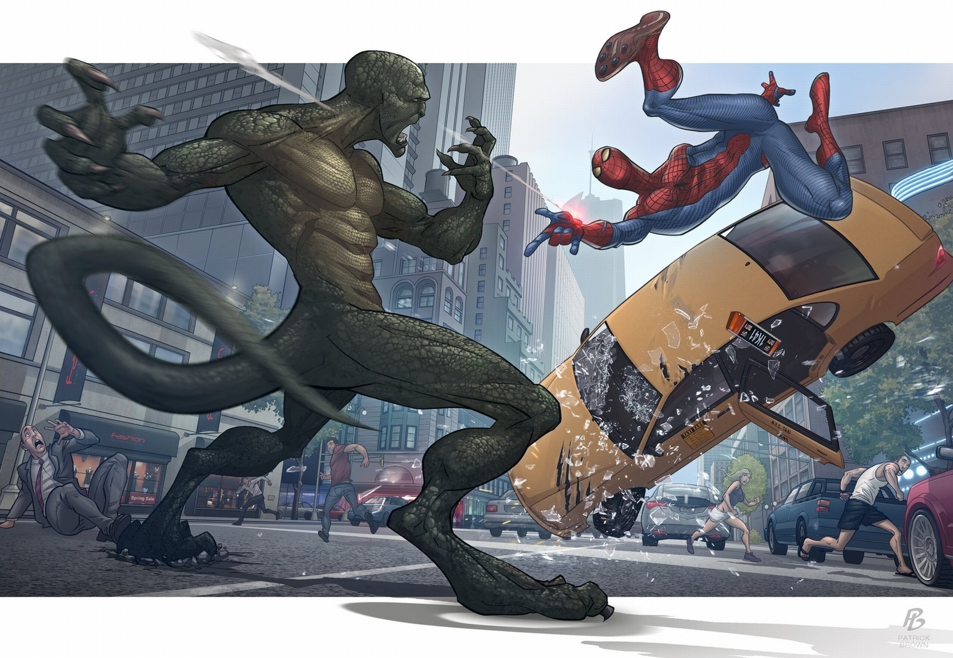 taxi kampf stadt raptor menschen spiderman patrick brown