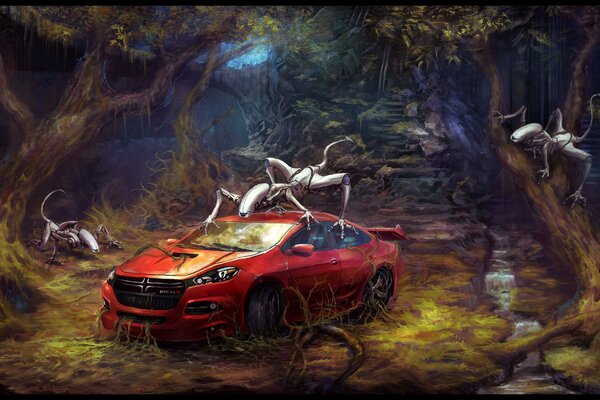 Red car in the forest with robots