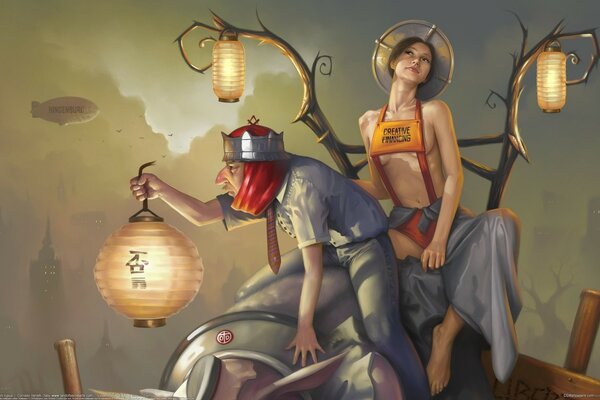 Горбоносый мужик в паранже и короне китайским фонарем освещает путь для гордой и смелой мечтательной девушки в шляпе