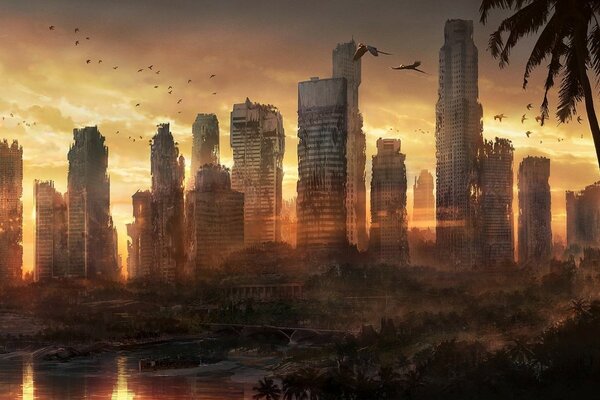 Разрушенный город на восход солнца