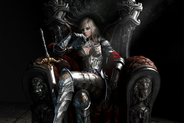 Die Königin in eiserner Rüstung sitzt auf dem Thron