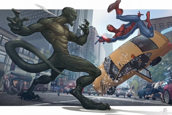 Spider-Man w mieście strzela do jaszczurki. Taksówka przewraca się w locie