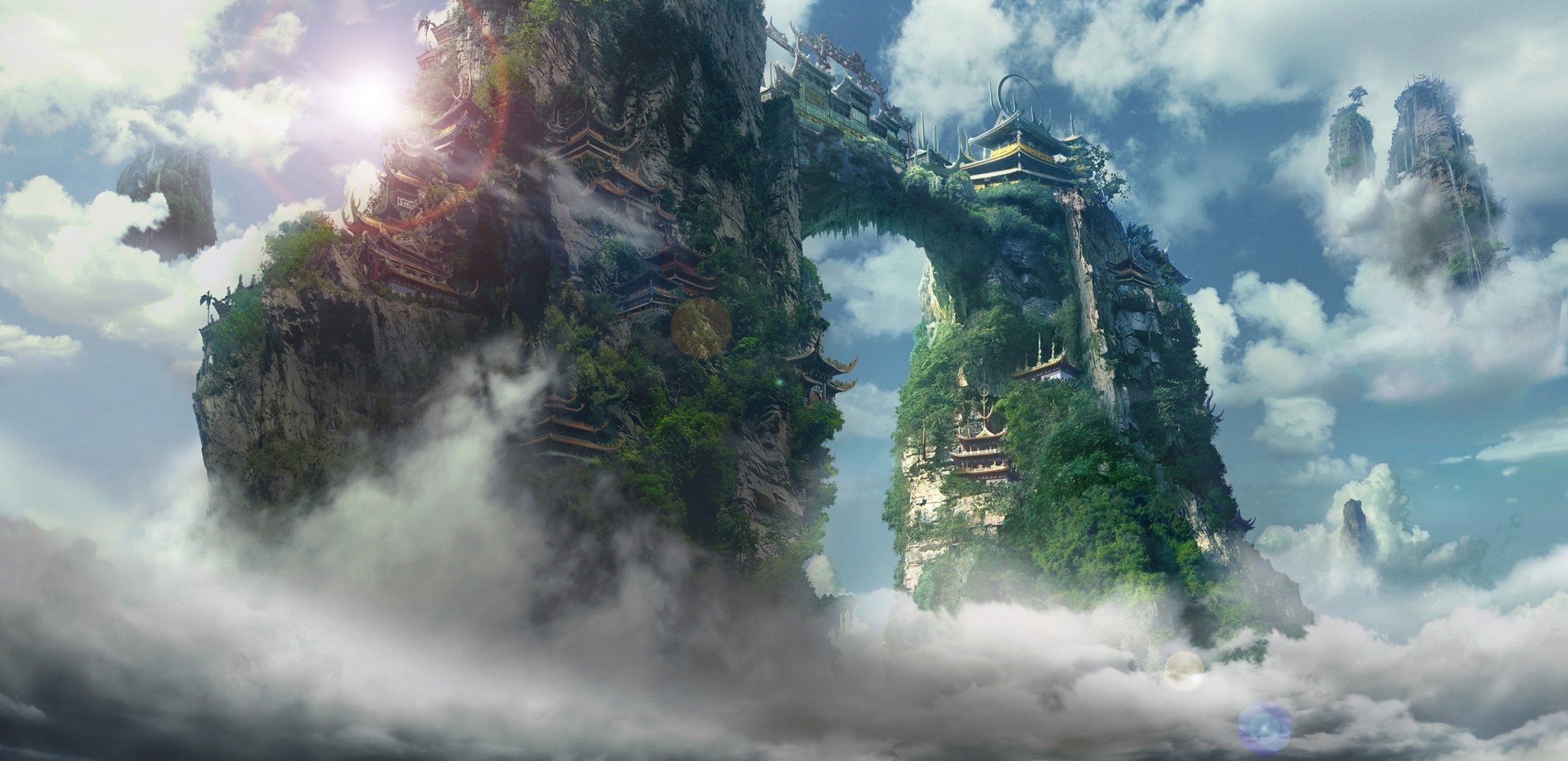 temple art sky islands asia fly clouds building height fantasy arch rock