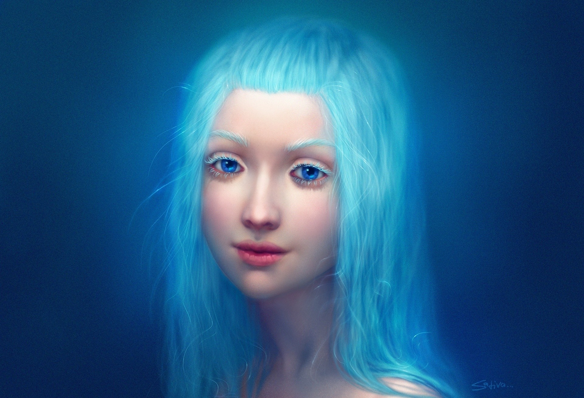 blue background simple background face girl close up blue hair blue eyes long hair lara croft