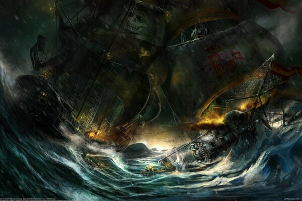 Bataille de voiliers en mer dans une tempête