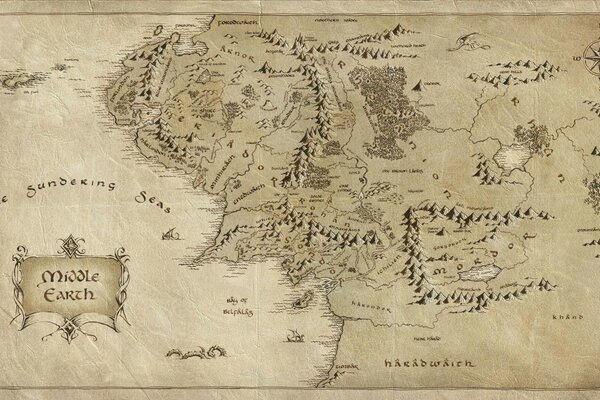 The hand-drawn map of Middle-earth is crumpled