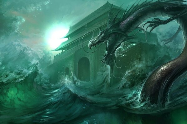 The dragon emerged from the seething sea