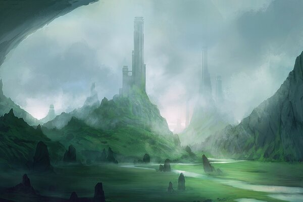 Tower in the fog landscape