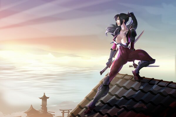 Samurai girl on the roof. Wars