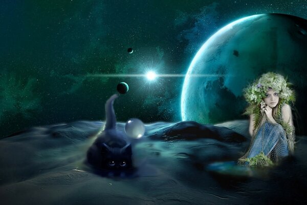 Sirena y gato en un planeta alienígena