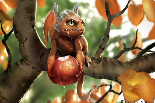 Petit dragon mange une pomme sur une branche