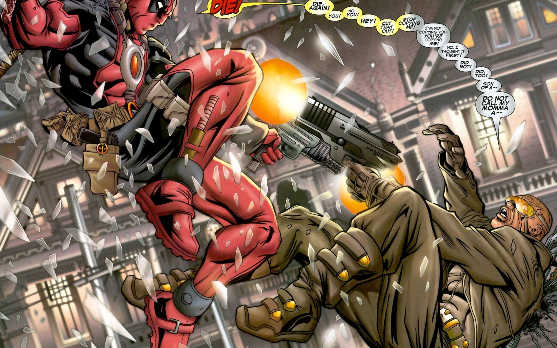 deadpool fliegende festung waffen schüsse helden ninjas comics marvel blut