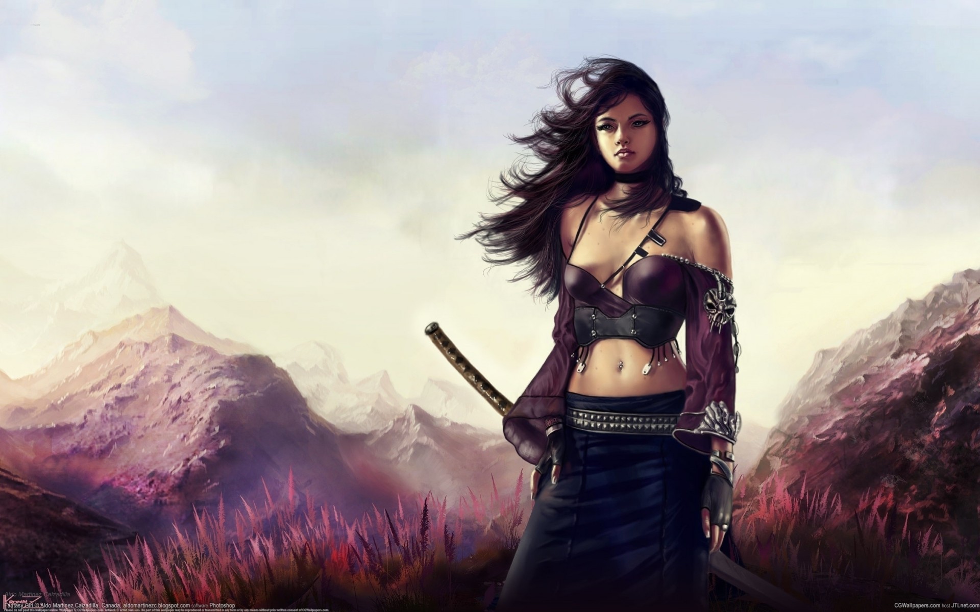 arte chica espada viento katana montañas