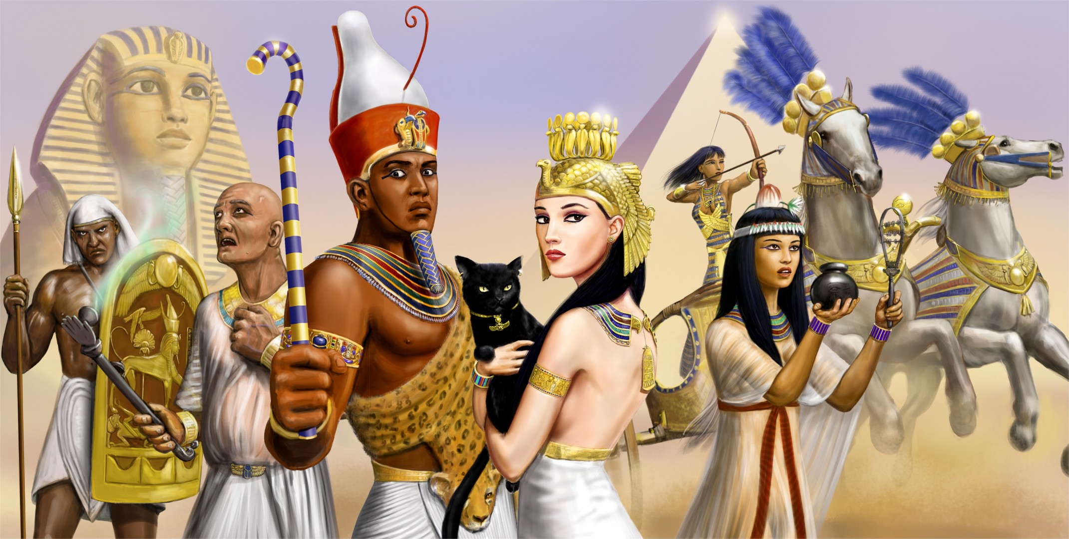 pyramid art horse girls man pharaoh sphinx egypt chariot warrior priest cat