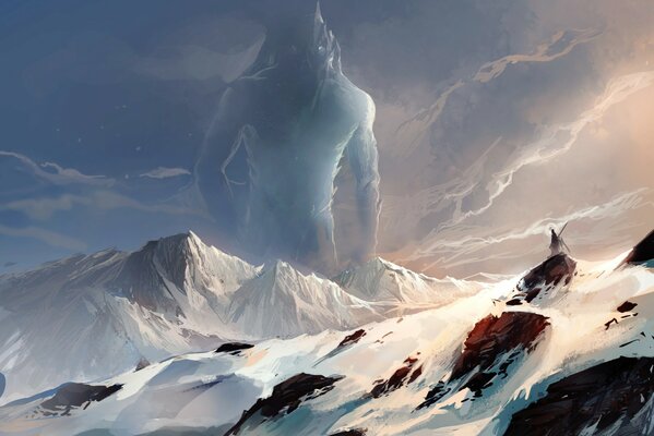 Abbildung eines Riesen in der Nähe des Gipfels der schneebedeckten Berge