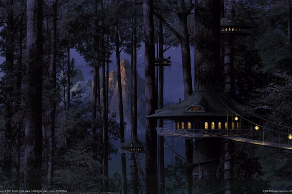 Maisons sur le pont dans la forêt de nuit