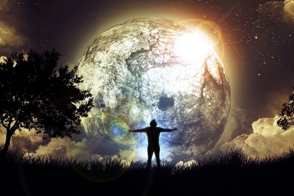 Fantastique très belle lune, l homme au bout du monde, le Cosmos et la lune dans l univers, la lune fantastique et l homme en face