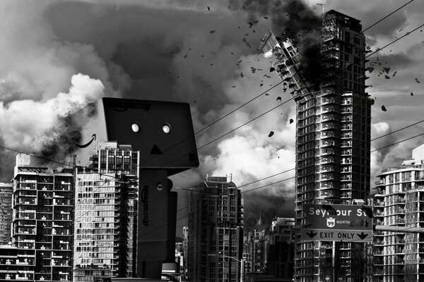 Explosion of a skyscraper by a cardboard giant man