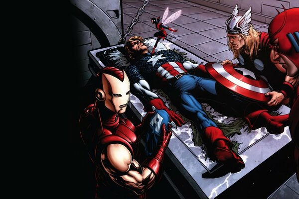 Captain America is lying on the table