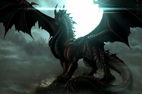 A dragon with outstretched wings on the background of the moon