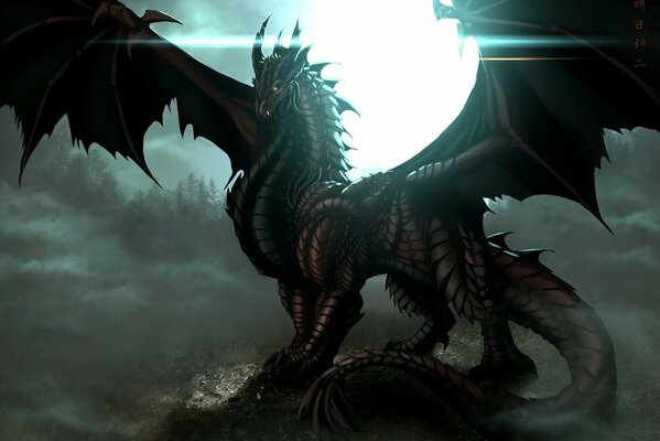 Dragon avec des ailes déployées sur fond de lune