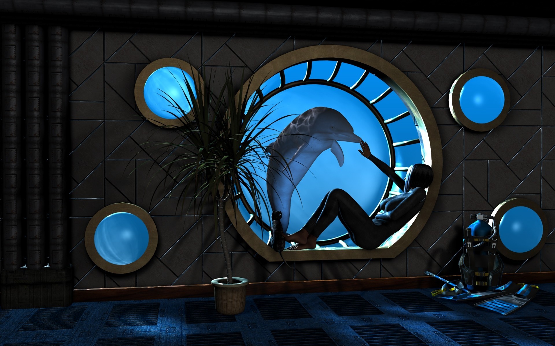 girl window room underwater rendering water dolphin porthole