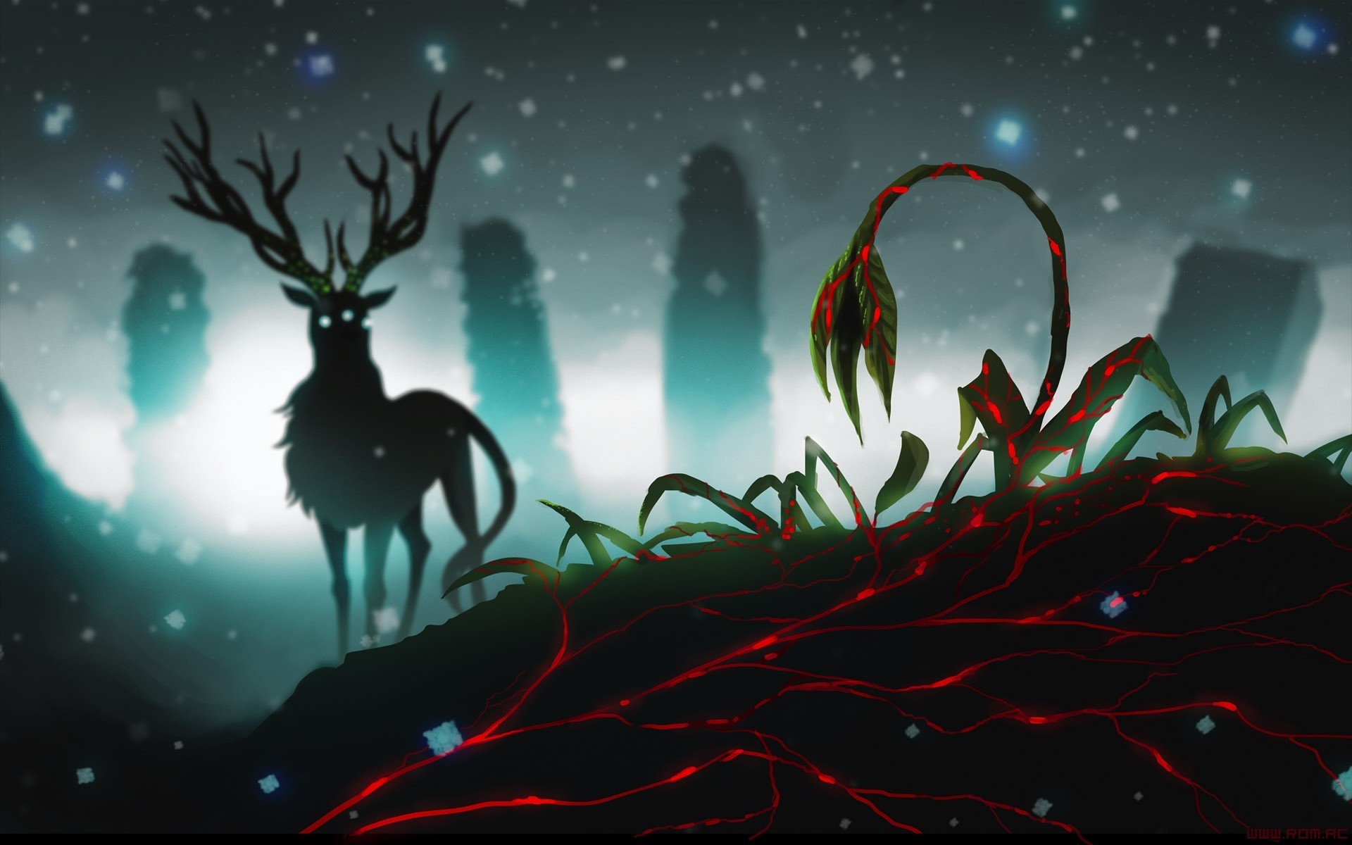 flower night art horn building animals snow ruins romance of the apocalypse alexiuss darkness silhouette reindeer