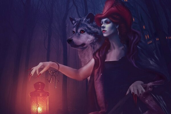 Le petit Chaperon rouge avec la lanterne et le loup