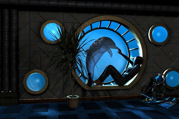 Underwater room with dolphins