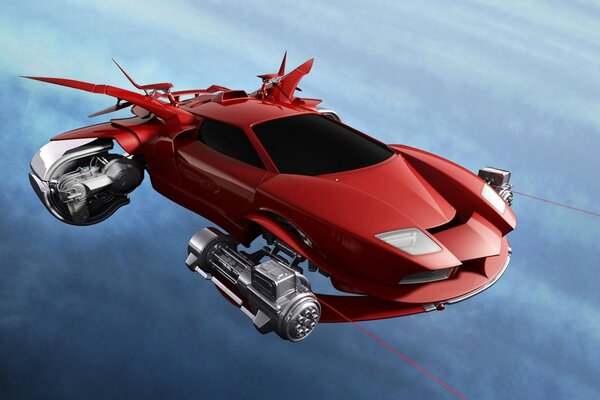 A red flying car from the future