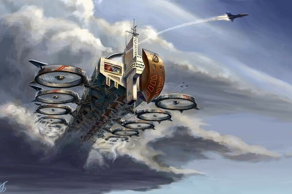 Art d un navire volant dans les nuages gris