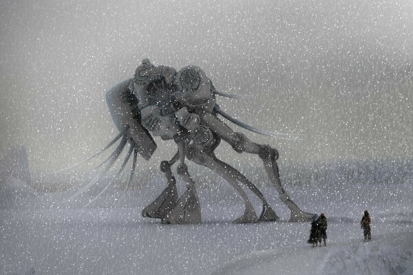 Robot on the background of winter snowfall