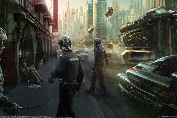 Police on the street of the city of the future