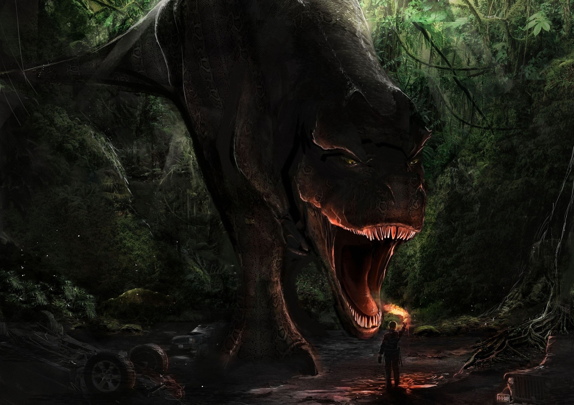 arte t-rex moe foresta dinosauro fuoco torcia bocca pericolo