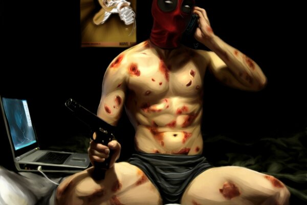 Deadpool con una pistola che parla al telefono