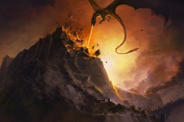 Un Dragón que escupe fuego vuela sobre una roca