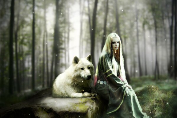Beautiful image of a girl and a wolf