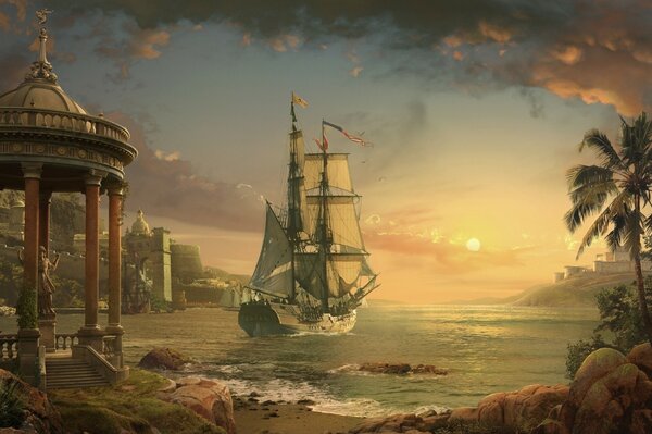 Segelboot auf dem Meer bei Sonnenuntergang, am Ufer auf der rechten Seite eine Palme, auf der linken Seite eine Laube