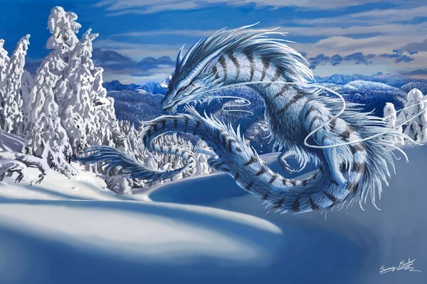 Paisaje de dragón de nieve en invierno
