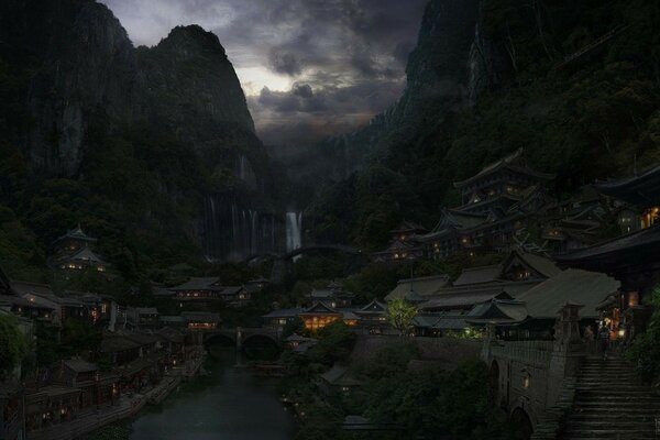 Chinese town in the mountains at night