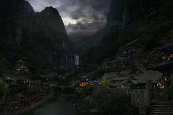 Pueblo chino en las montañas por la noche