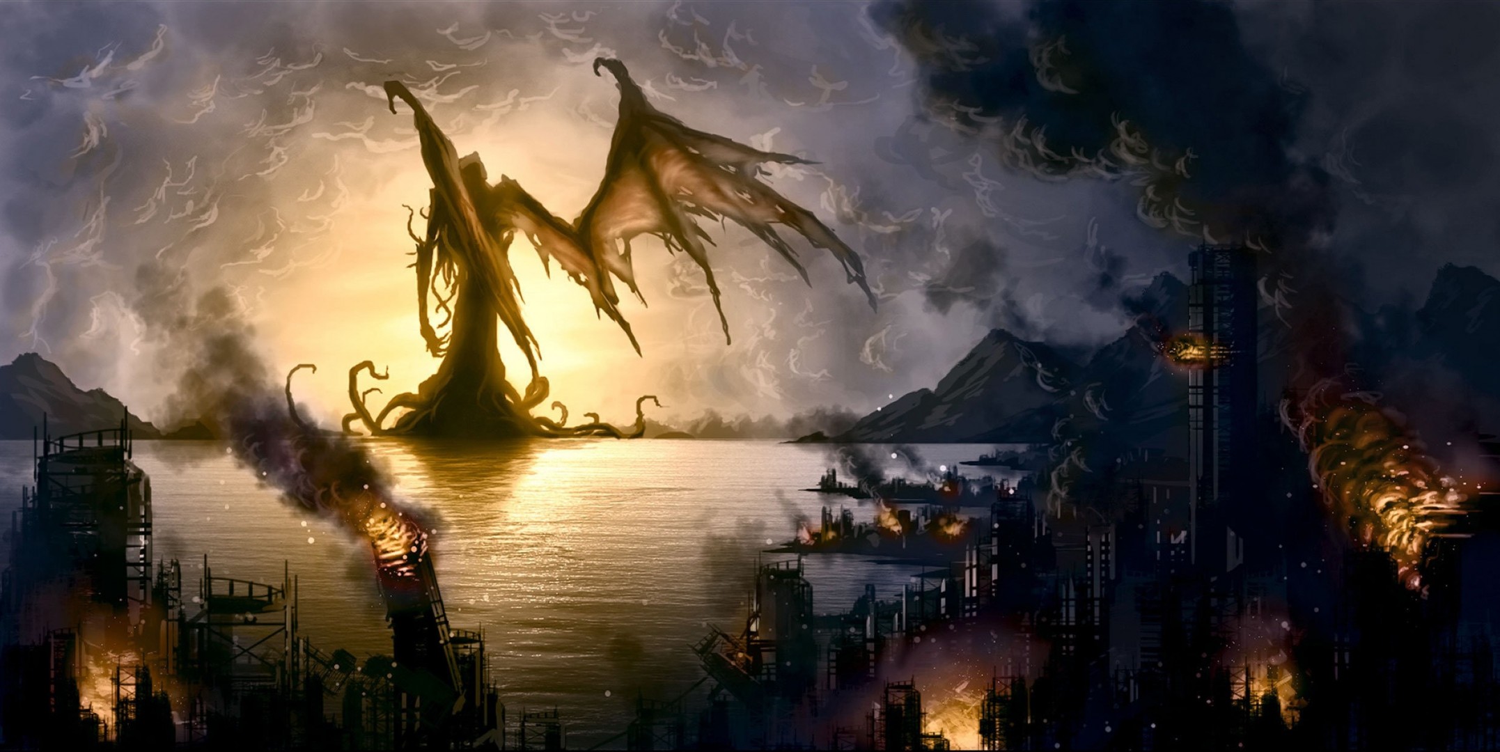 costero llamada de cthulhu destrucción fuego ciudad monstruo bahía howard phillips lovecraft