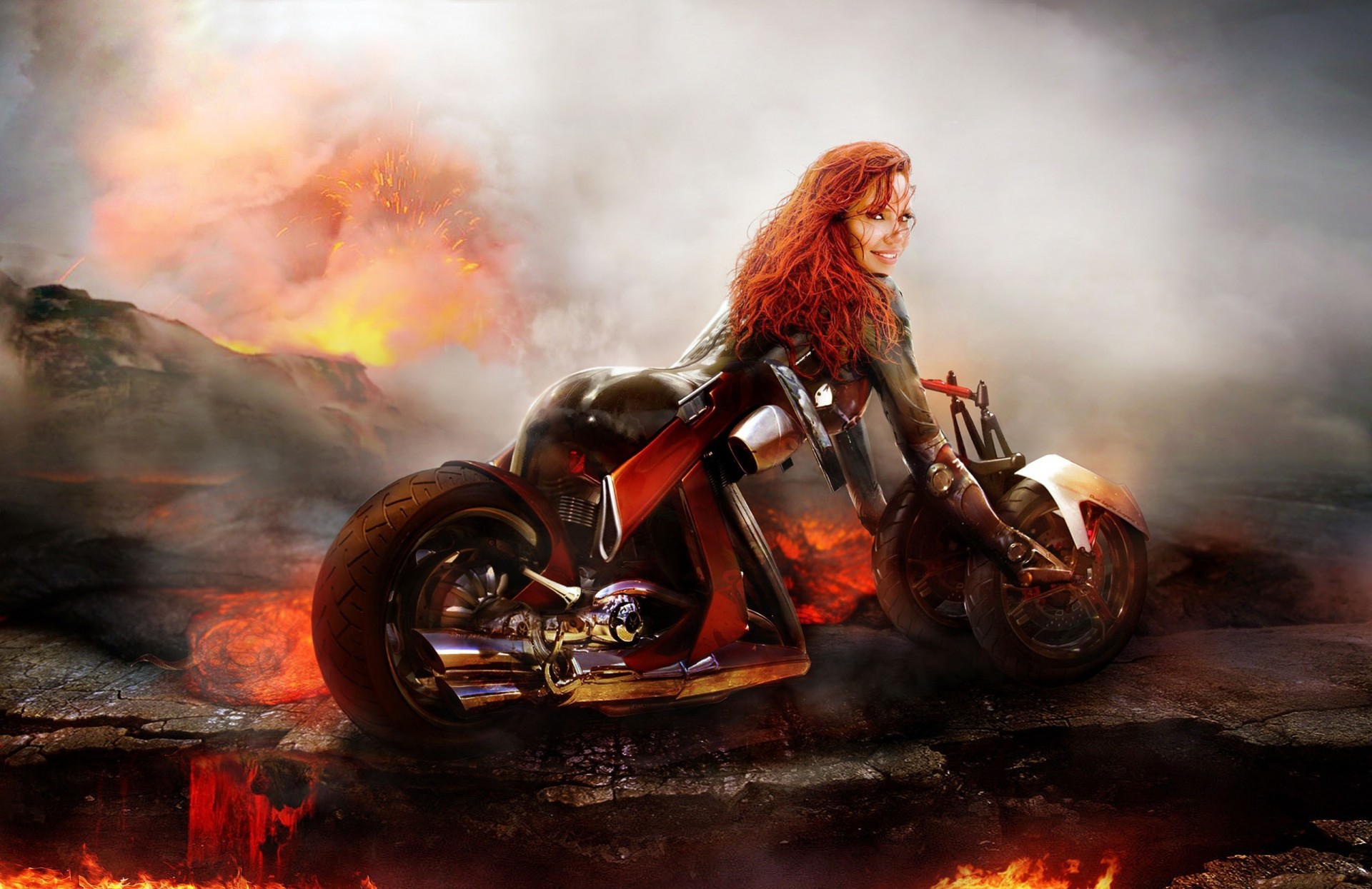 bike smoke girl lava fire chopper flame