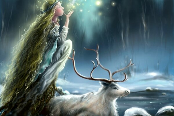 The ghost of a girl with long hair and a deer with branching horns on a snowy winter night