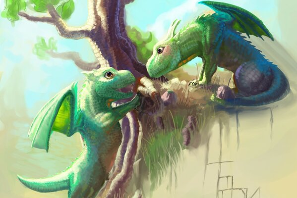 Art grüne kleine Drachen auf einem Hügel auf einem Baum