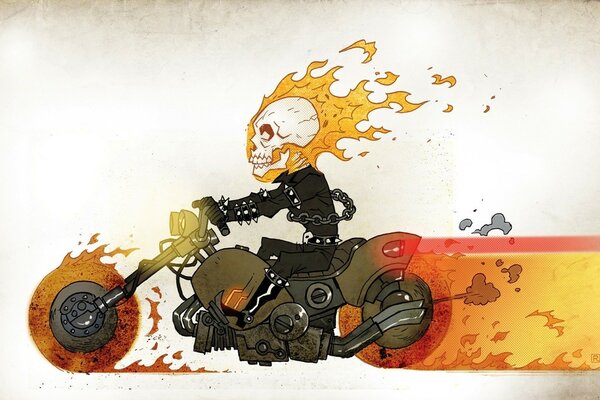 Dibujo de un piloto en combentzon y cadenas en una motocicleta de fuego