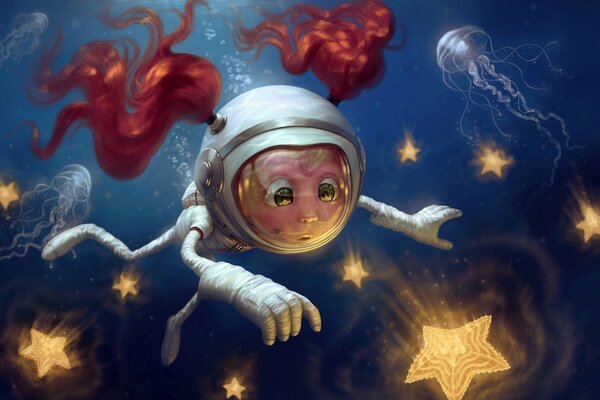 The girl and the stars. Space suit