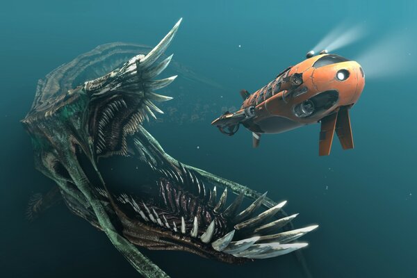 Ein riesiges Monster auf der Jagd nach einem orangefarbenen U-Boot