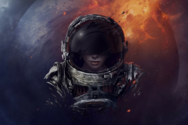 Art with a girl in an astronaut helmet on the background of the planet