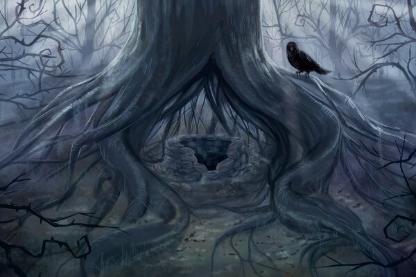 Gothic tree in a gray shade gloomy with a raven and a rabbit well, wait